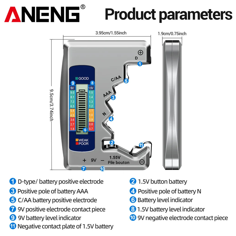 ANENG BT1688 Digitaler Batterietester – LCD, AA/AAA/C/D/9V/Knopfzelle, 3-Farben-Anzeige | CE | Schwarz, Silber & Grau