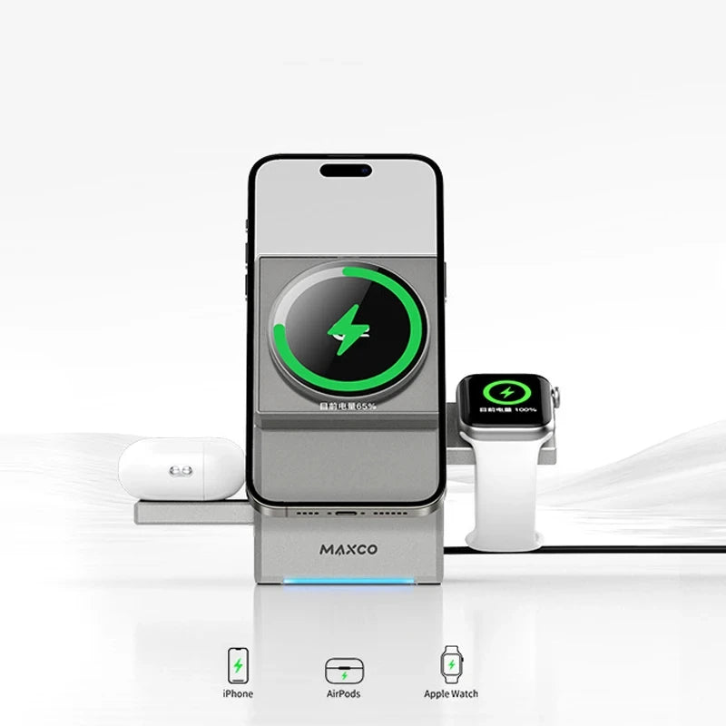 Qi2 3-in-1 Wireless Ladestation 15W – Magnetisch, für iPhone, Apple Watch & AirPods, CE