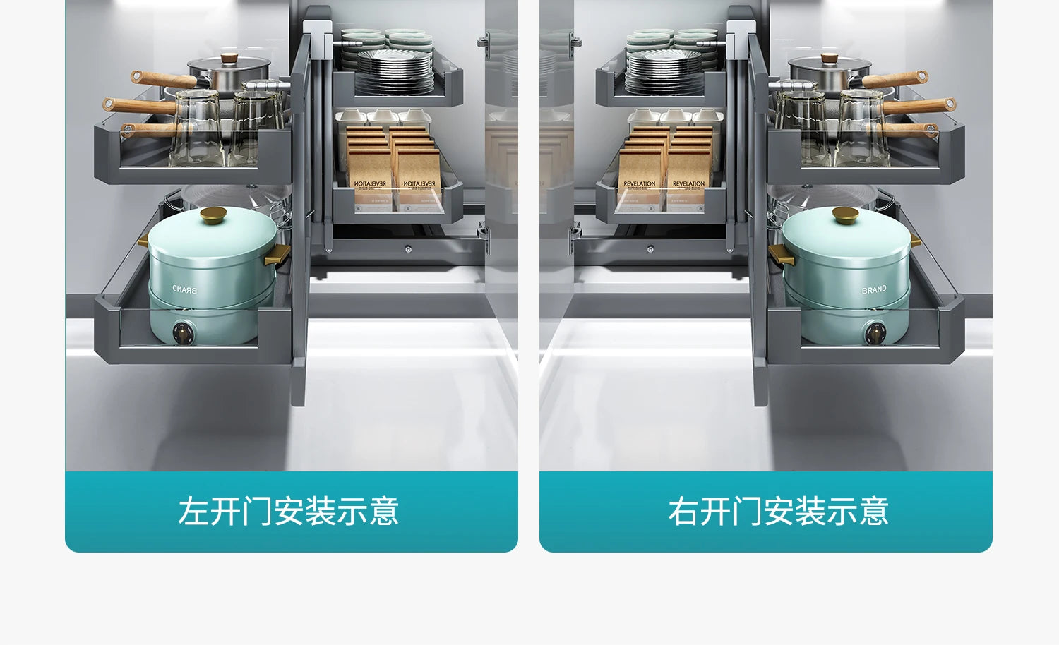 Eckkorb, Küchenschrank, komplett ausziehbar, Aufbewahrungsregal mit zwei Schubladen, Eckkorb