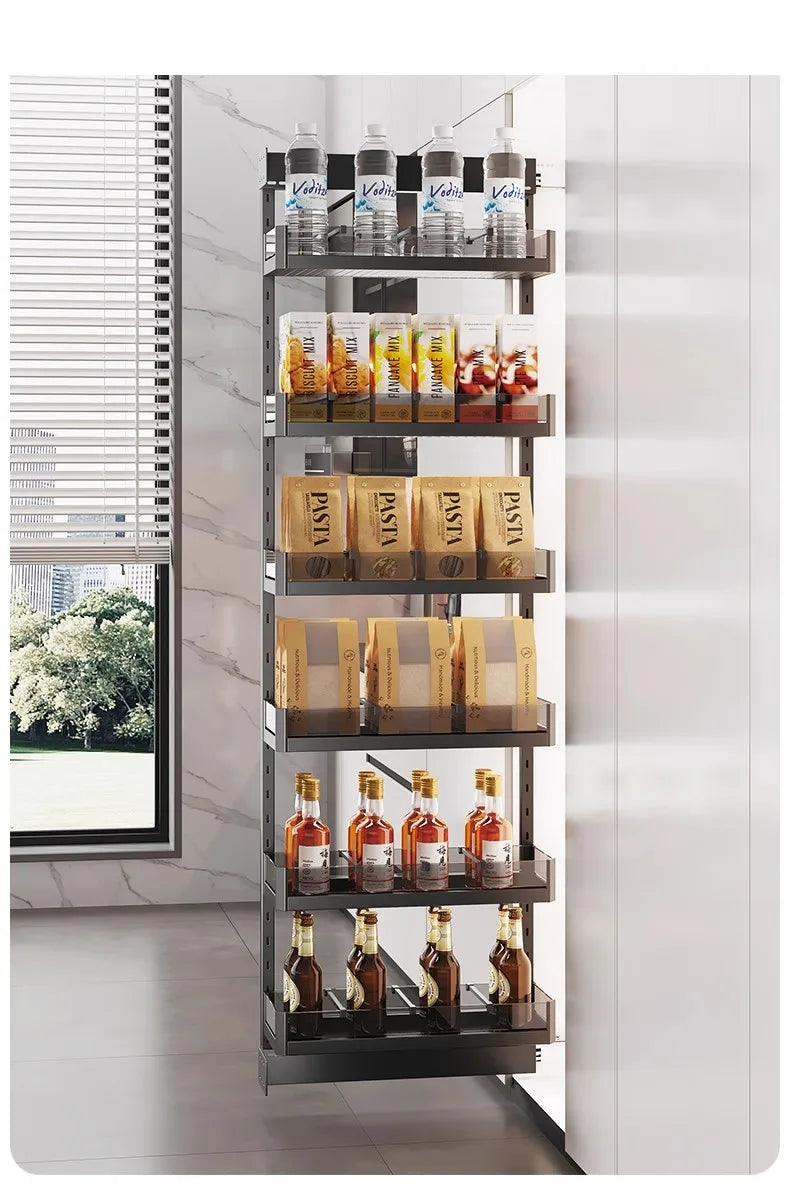 Seitlicher Zugkorb mit hohem Schrank, Kühlschrank-Fugenregal, extrem schmaler Snack-Schrank, Schublade, tiefe Küche, schmale Schränke