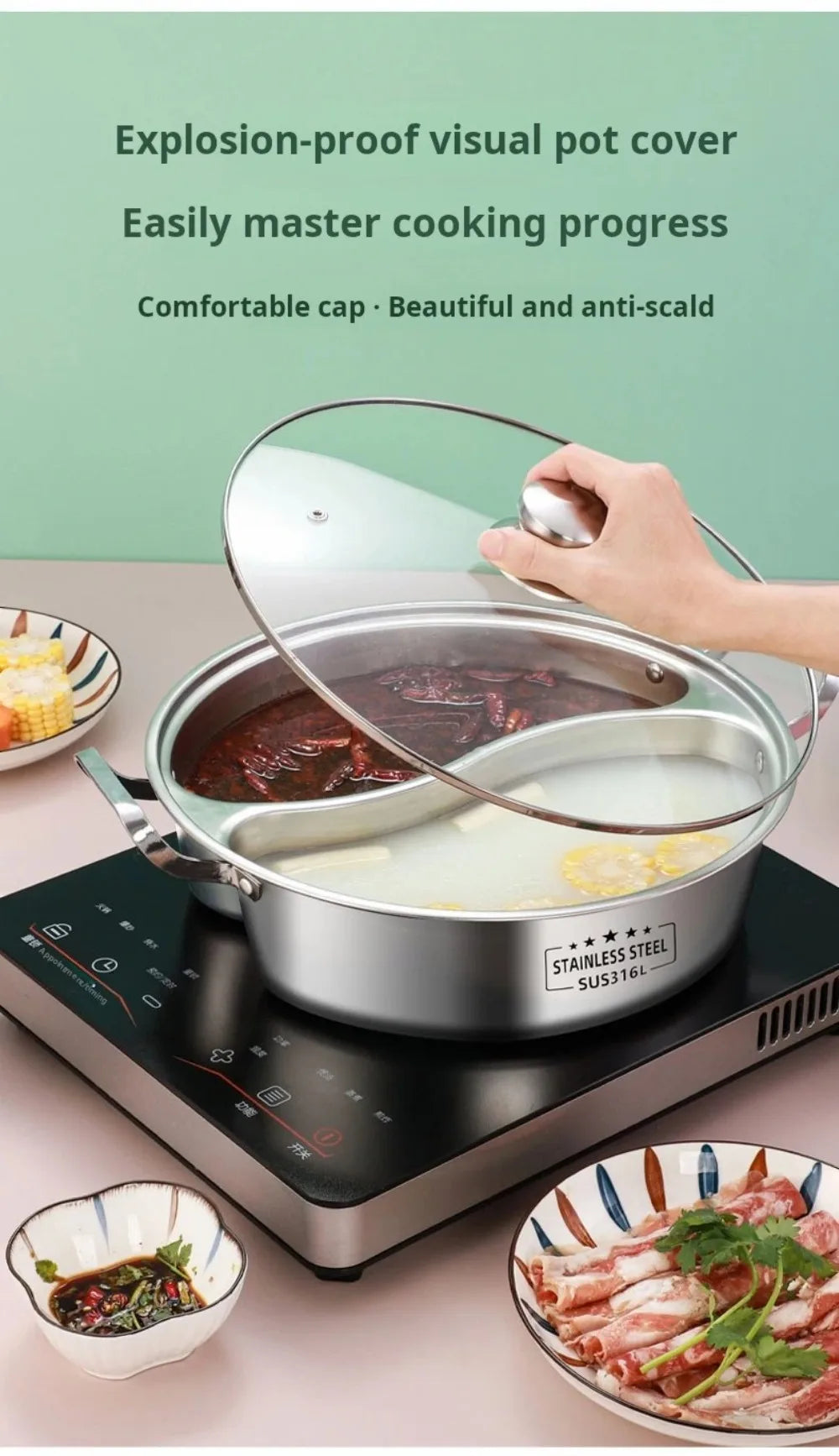 Doppelter Hot Pot aus Edelstahl 316, unterteilt, für chinesische Suppen, 32/34 cm, Induktionskochfeld