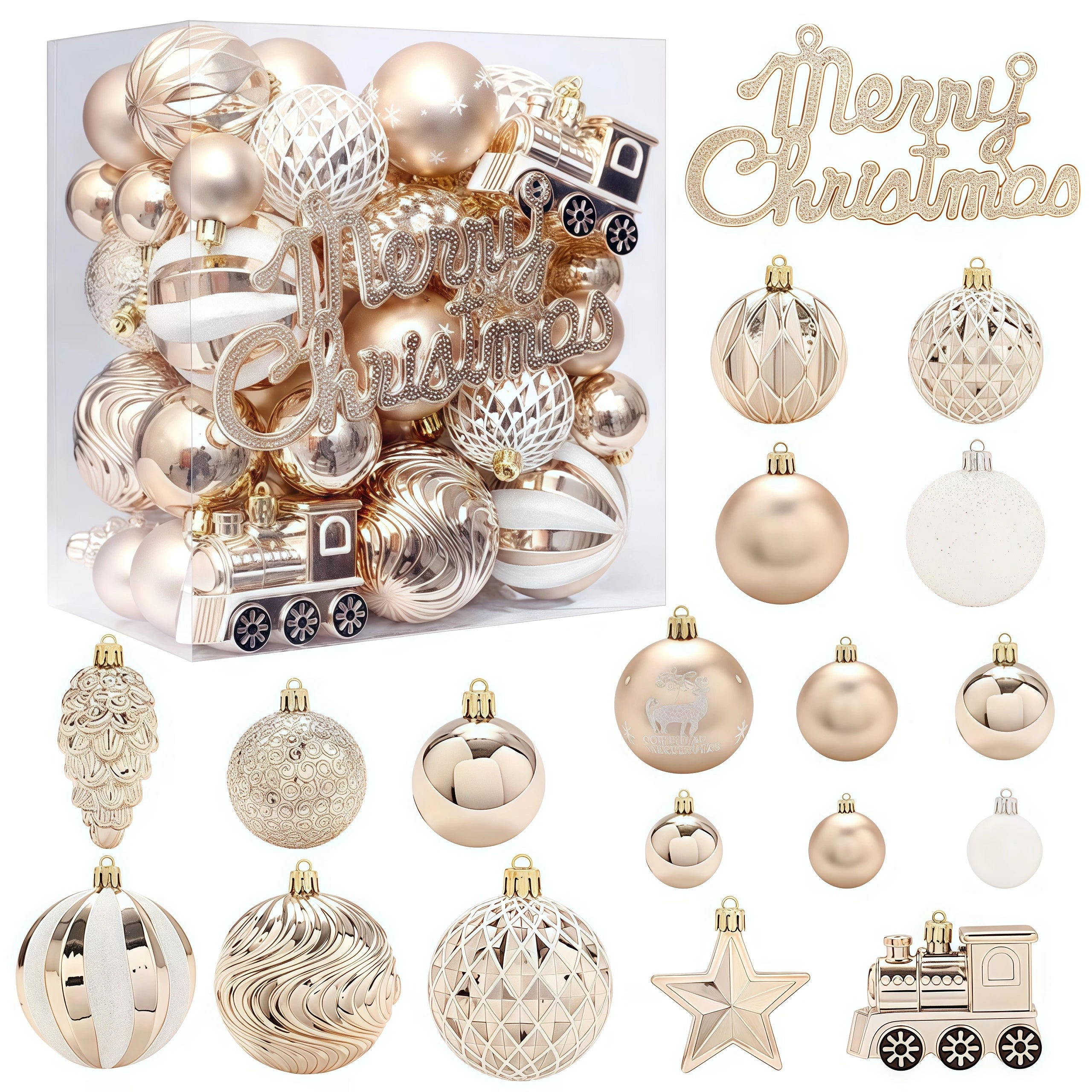 65PCS Champagner Gold Weihnachten Ball Dekorationen Matt Glänzend Wasser Welligkeit Design Weihnachten Kugeln Weihnachten Baum Ornamente Wohnkultur