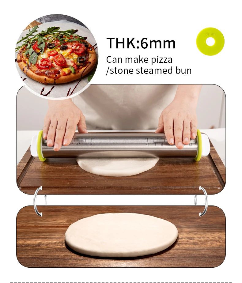13,78 Zoll verstellbarer Nudelholz aus Edelstahl mit 4 abnehmbaren Ringen, Teigroller für Pizza-Keks-Backwerkzeuge