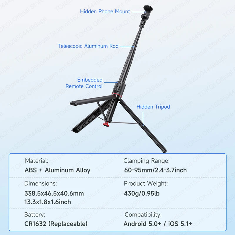 TOKQI TT01 Auto Pop-Up Selfie Stick Stativ – 1,77m, Bluetooth, Magnetfernbedienung | Smartphone