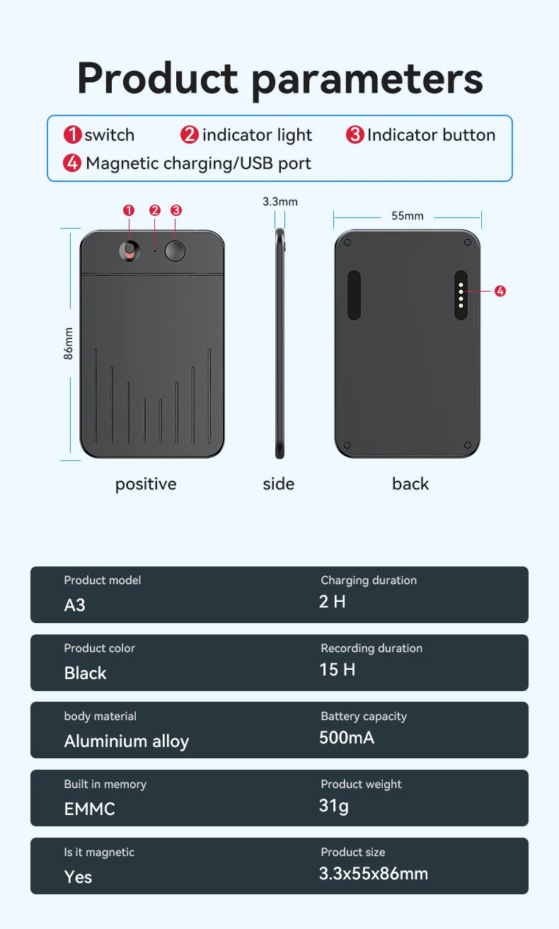 AI ChatGPT App Telefonanruf Aktivierter Diktiergerät Transcribe Summarize Smart Magnet Adsorb 8-128 GB Ultradünnes Kartendiktiergerät