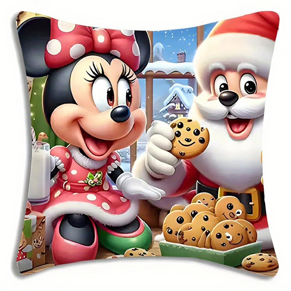 Dreiteiliger Weihnachtskissenbezug von Disney Mickey Minnie, bemalt mit glücklichen Szenen wie Schneehütte, Mickey Minnie und Weihnachtsmann