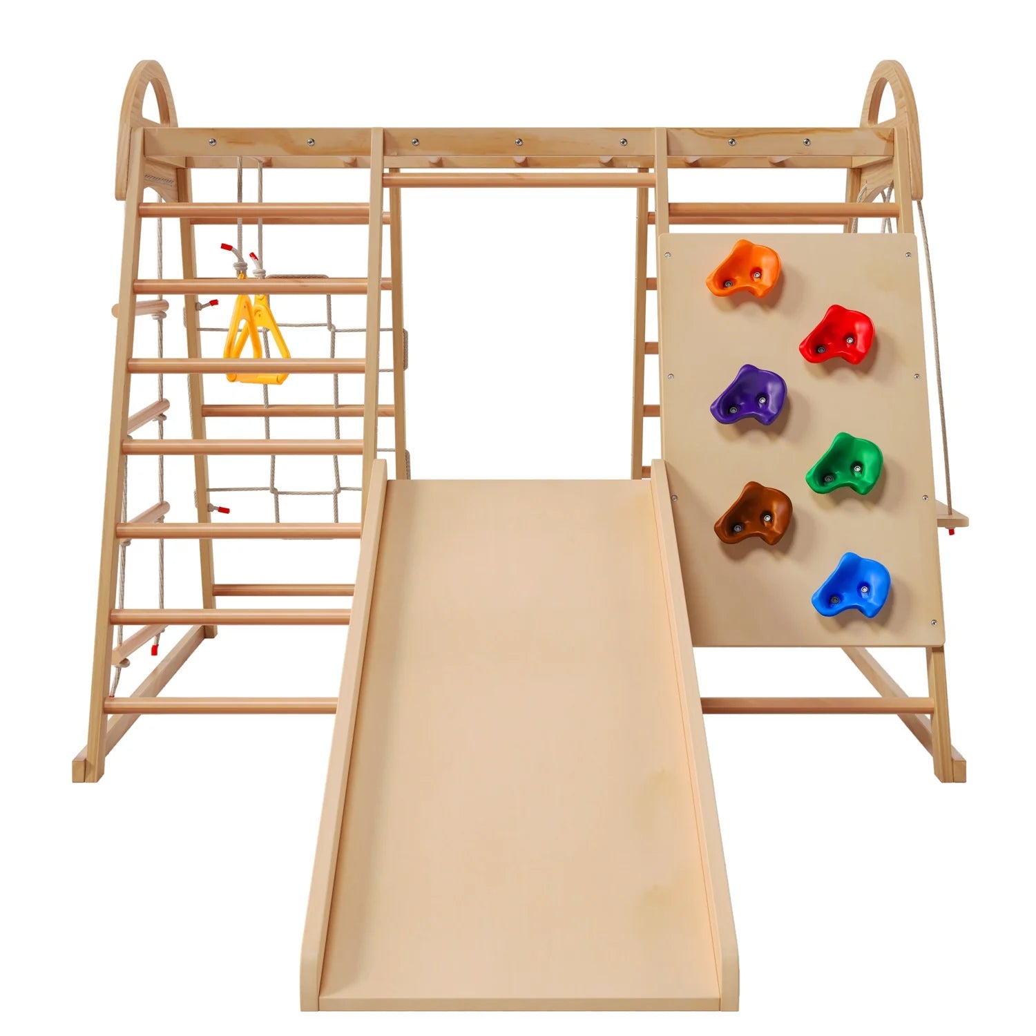 7-in-1 Multifunktionales Klettergerüst aus Holz mit Rutsche und Schaukel, Kletterleiter/Netz/Steinen, Indoor-Spielplatzspielzeug für Kinder ab 3 Jahren