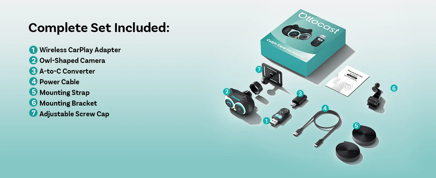 OTTOCAST Cabin Care, Drahtloser CarPlay-Adapter Babykamera 1080P HD 150°