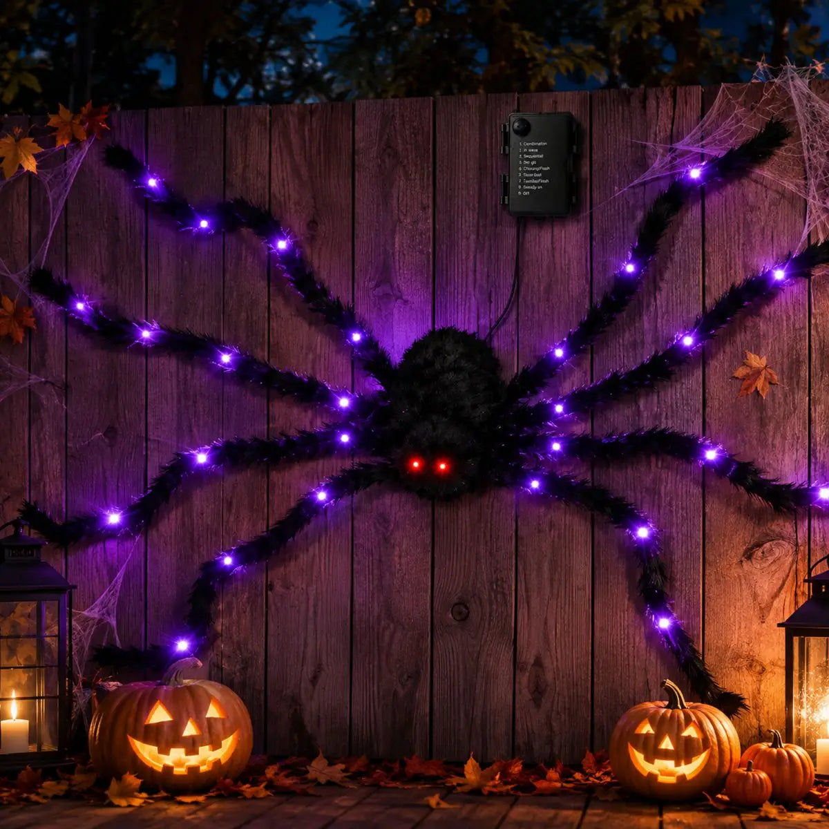 Halloween Riesige Leuchtende Plüsch-Spinne – Lila LED, 8 Modi, Innen & Außen