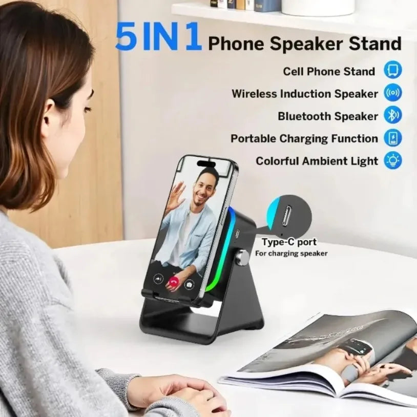 5-in-1 Bluetooth-Lautsprecher mit Smartphone-Halterung & RGB-Licht – HIFI, Induktion, Bluetooth 5.3
