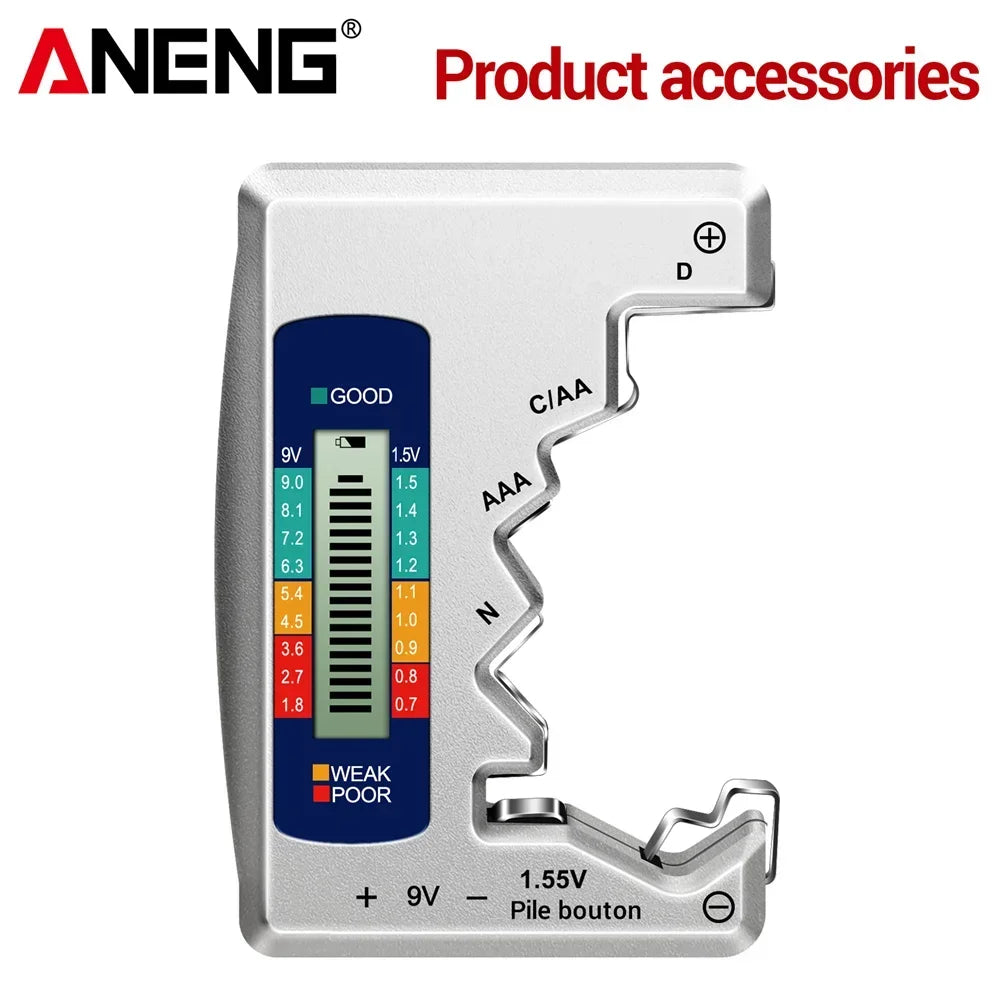 ANENG BT1688 Digitaler Batterietester – LCD, AA/AAA/C/D/9V/Knopfzelle, 3-Farben-Anzeige | CE | Schwarz, Silber & Grau