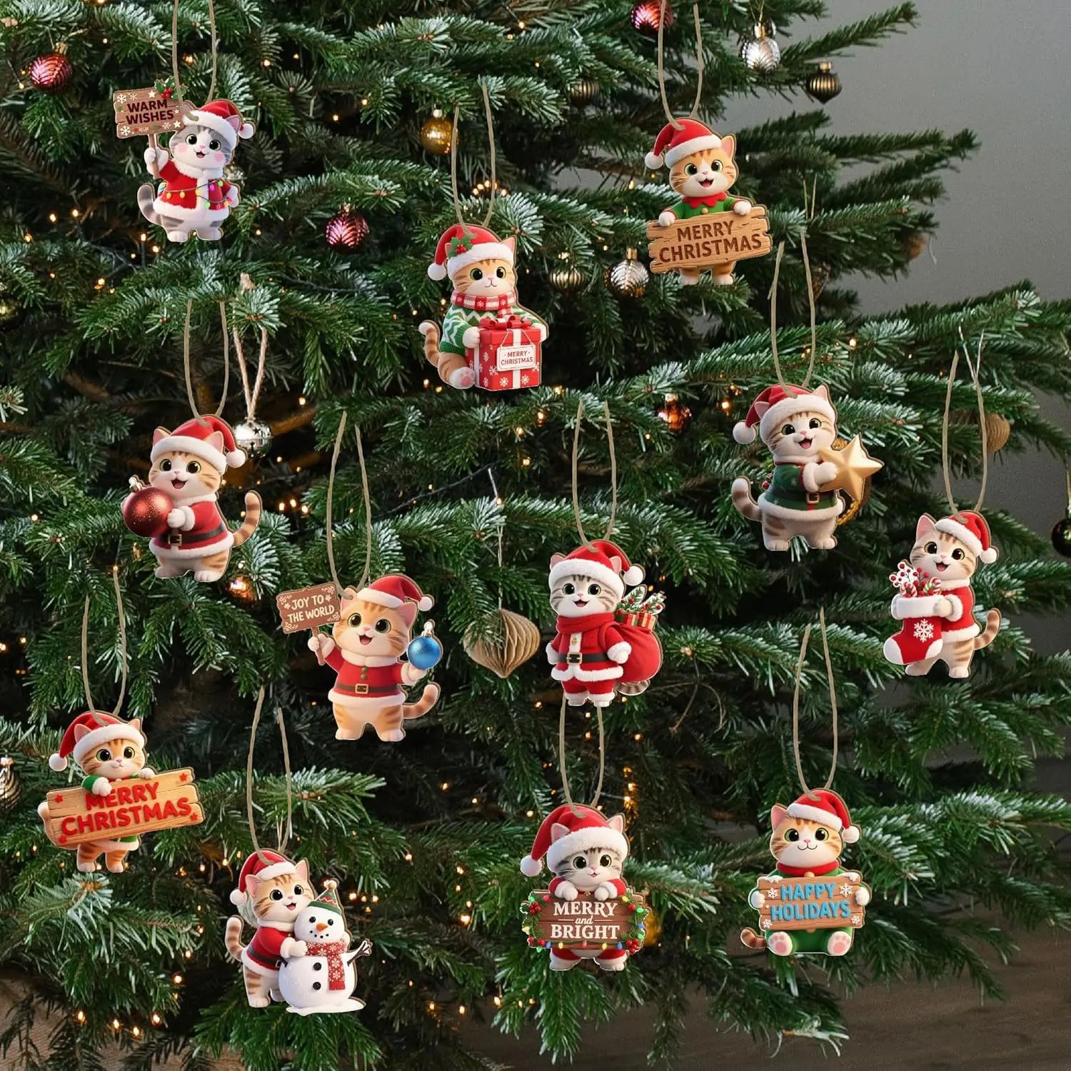 2D Flache 12 Stück Weihnachts-Holzanhänger Kreative süße Katze Mottoparty-Dekorationen Weihnachtsbaum-Anhänger Festliche Lieferungen