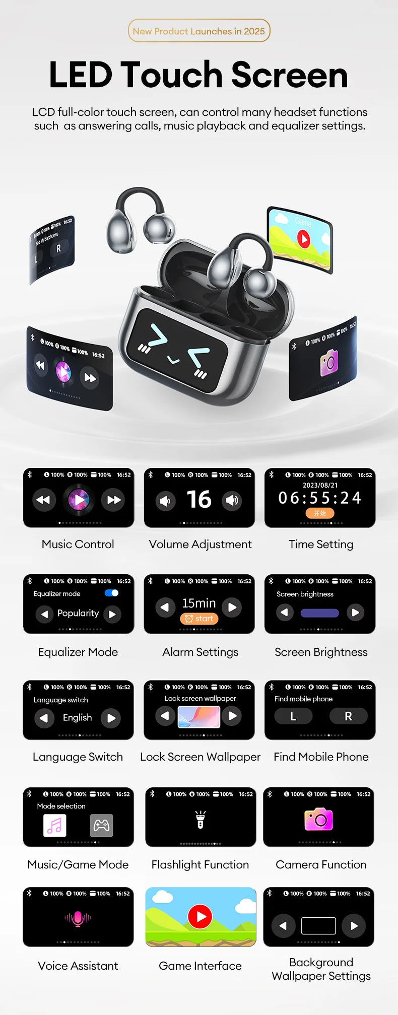 AI-Übersetzungskopfhörer AOC Ohrclip-Ohrhörer OWS Bluetooth Smart LCD-Bildschirm-Touch-Kopfhörer Gaming Wireless Sport Headset 3521