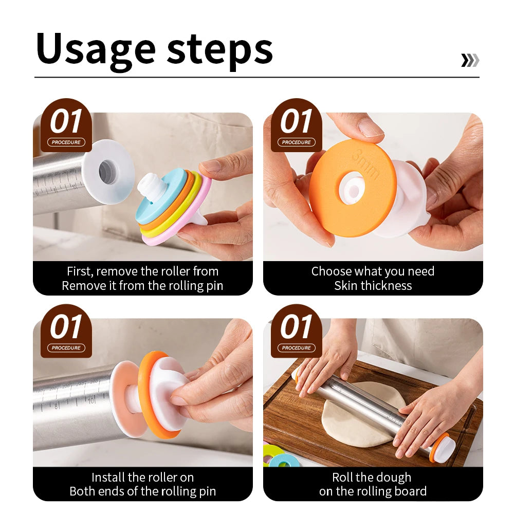 13,78 Zoll verstellbarer Nudelholz aus Edelstahl mit 4 abnehmbaren Ringen, Teigroller für Pizza-Keks-Backwerkzeuge