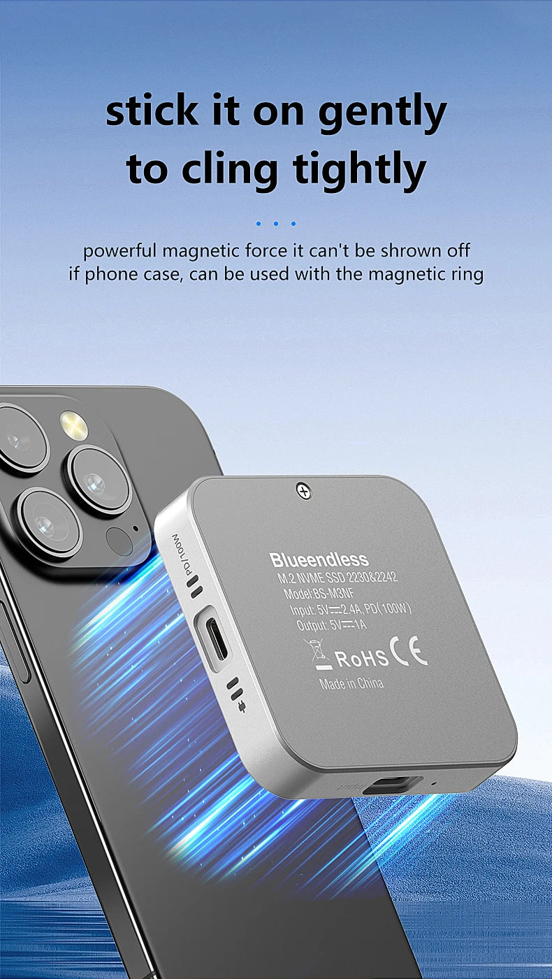 Blueendless Magnetisches M2 2230 2242 NVMe SSD-Gehäuse mit Lüfter 100 W PD-Aufladung Typ C NVMe PCIE SSD-Gehäuse für iPhone Mac