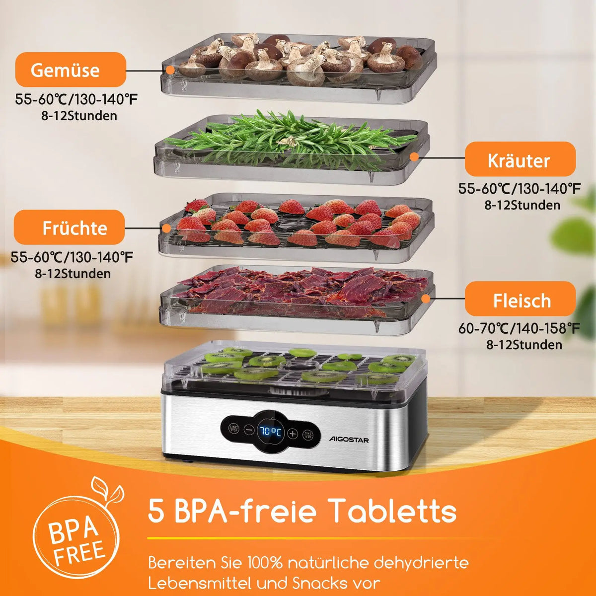 Aigostar Crispy Lebensmitteltrockner – 240W, 5 Tabletts, 35–70°C, 0–99h Timer, LED | CE | Obst, Fleisch & Gemüse