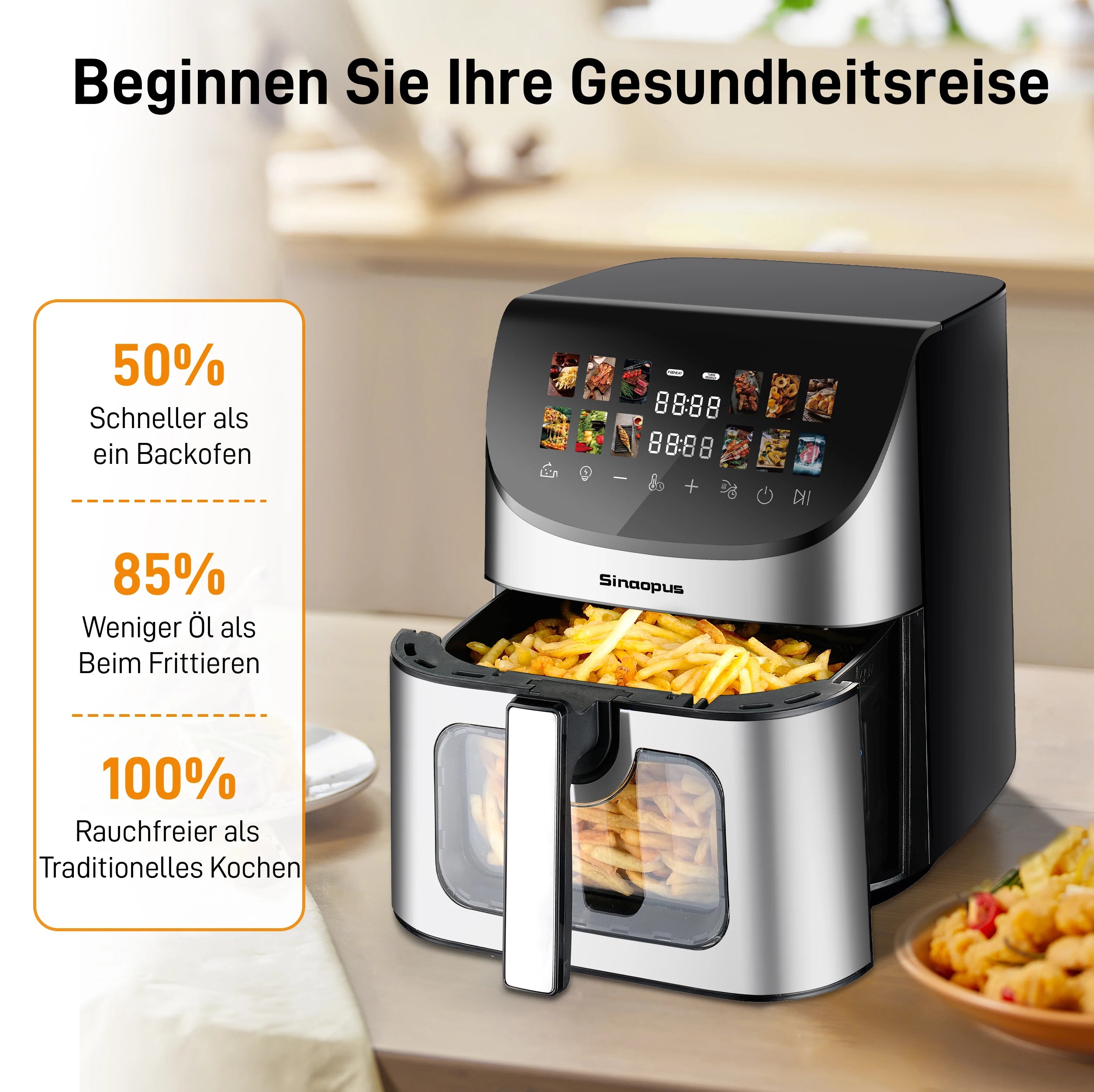 8-Liter-Heißluftfritteuse mit Sichtfenster und Backofen