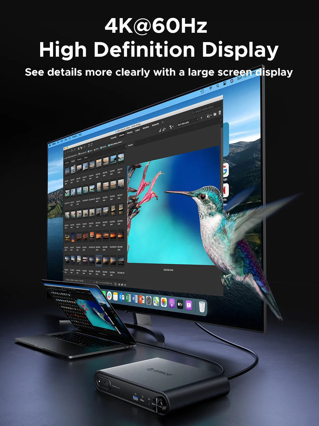 ORICO 10-in-1-USB-C-Dockingstation mit M.2-SSD-Gehäuse PD100W-Lade-Ethernet 4K60 Hz HDMI-Com 3,5-mm-Audiovolumeregler