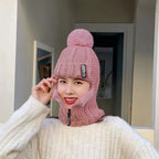 Damen-Woll-Strick Mütze, Ski mütze, wind dicht, für Winter, gestrickt, dick, siamesisch, Schal kragen, warm