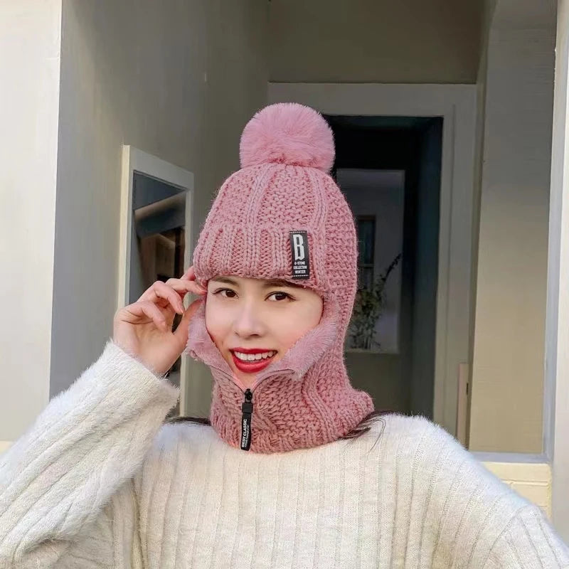 Damen-Woll-Strick Mütze, Ski mütze, wind dicht, für Winter, gestrickt, dick, siamesisch, Schal kragen, warm