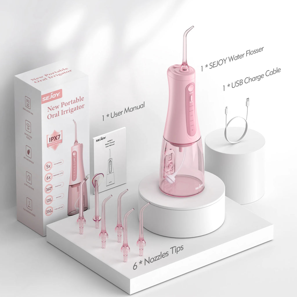 Sejoy Wasserflosser Dental Akku für die Zahnreinigung, 5 Modi, Munddusche, Zahnspangen, Zahnseide, Reiniger, tragbar, für Reisen nach Hause