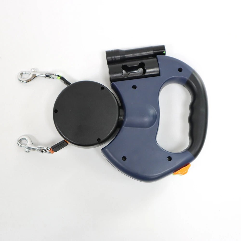 2-in-1 Doppel-Hundeleine einziehbar – Reflektierend, Anti-Tangle, Taschenlampe, für 2 Hunde