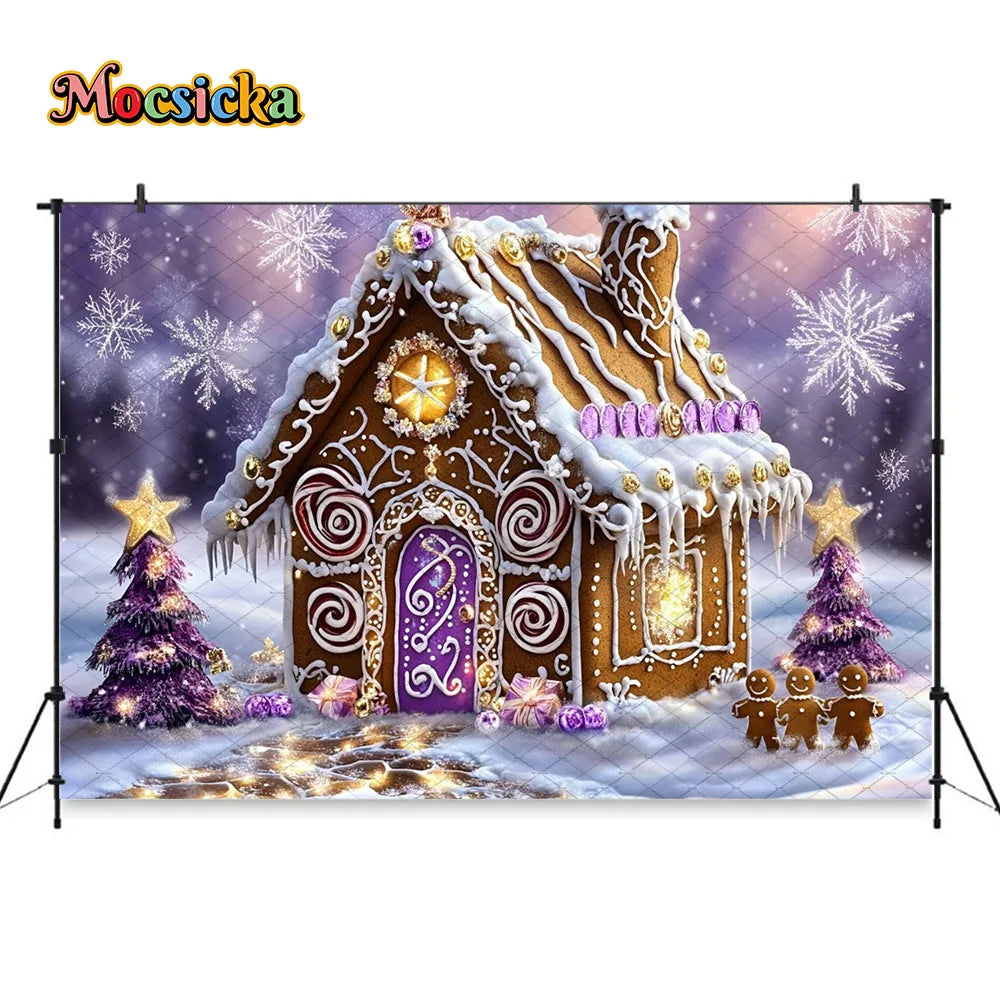 Mocsicka Weihnachten Lebkuchenhaus Fotografie Hintergrund verschneite Weihnachtsbaum Zuckerstangen Hintergrund Winter Urlaub Party Photozone