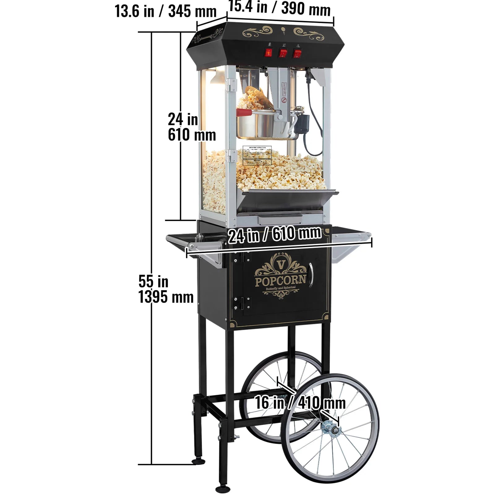 VEVOR Popcornmaschine mit Wagen, 850 W, 8 oz (ca. 227 g), 48 Tassen, Rot