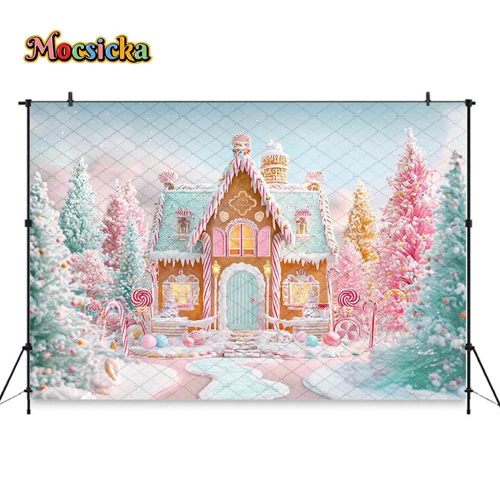 Mocsicka Weihnachten Lebkuchenhaus Fotografie Hintergrund verschneite Weihnachtsbaum Zuckerstangen Hintergrund Winter Urlaub Party Photozone