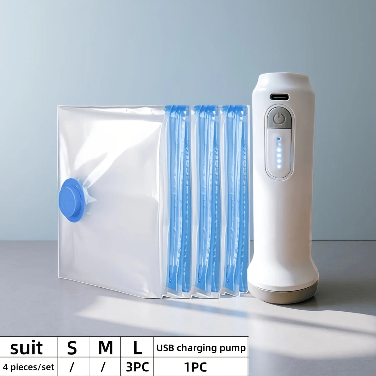 Vakuum-Aufbewahrungsbeutel Set mit USB-Elektropumpe – 1500mAh, Wiederaufladbar | Kleidung & Bettdecken | 4 Set-Varianten