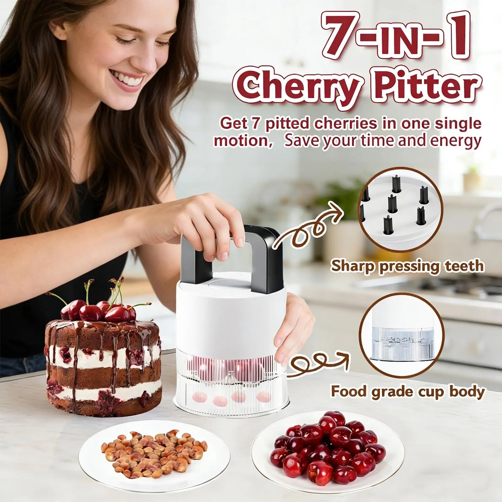7-in-1 Kirschentkerner – Multifunktional, Spülmaschinenfest & Anti-Spritz | Schwarz & Weiß
