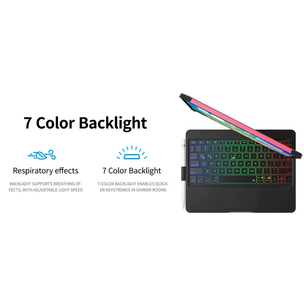 360 Grad drehbare BT-Tastatur für wiederaufladbare kabellose Tastatur und Maus mit 7-Farben-Hintergrundbeleuchtung für iPad 10,2/10,5 Zoll