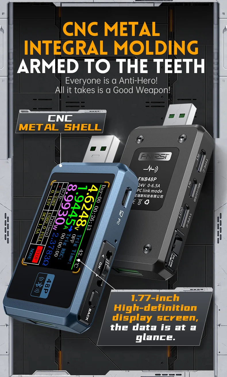 FNB58 USB-Tester, Voltmeter, Amperemeter, Typ C, Schnellladungserkennung, Auslöser, Kapazitätsmessung, Welligkeitsmessung