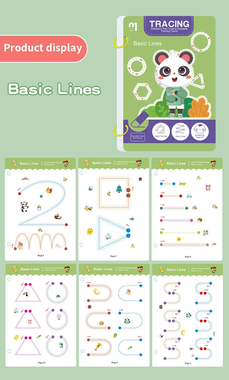 Wiederverwendbares Kinder-Arbeitsbuch-Set mit 34 Seiten und löschbarem Stift – Frühes Lernen der Entwicklung von Schreib- und Zeichenfähigkeiten, Lehrbücher für das Stiftkontrolltraining, innovatives Lernen – perfekt