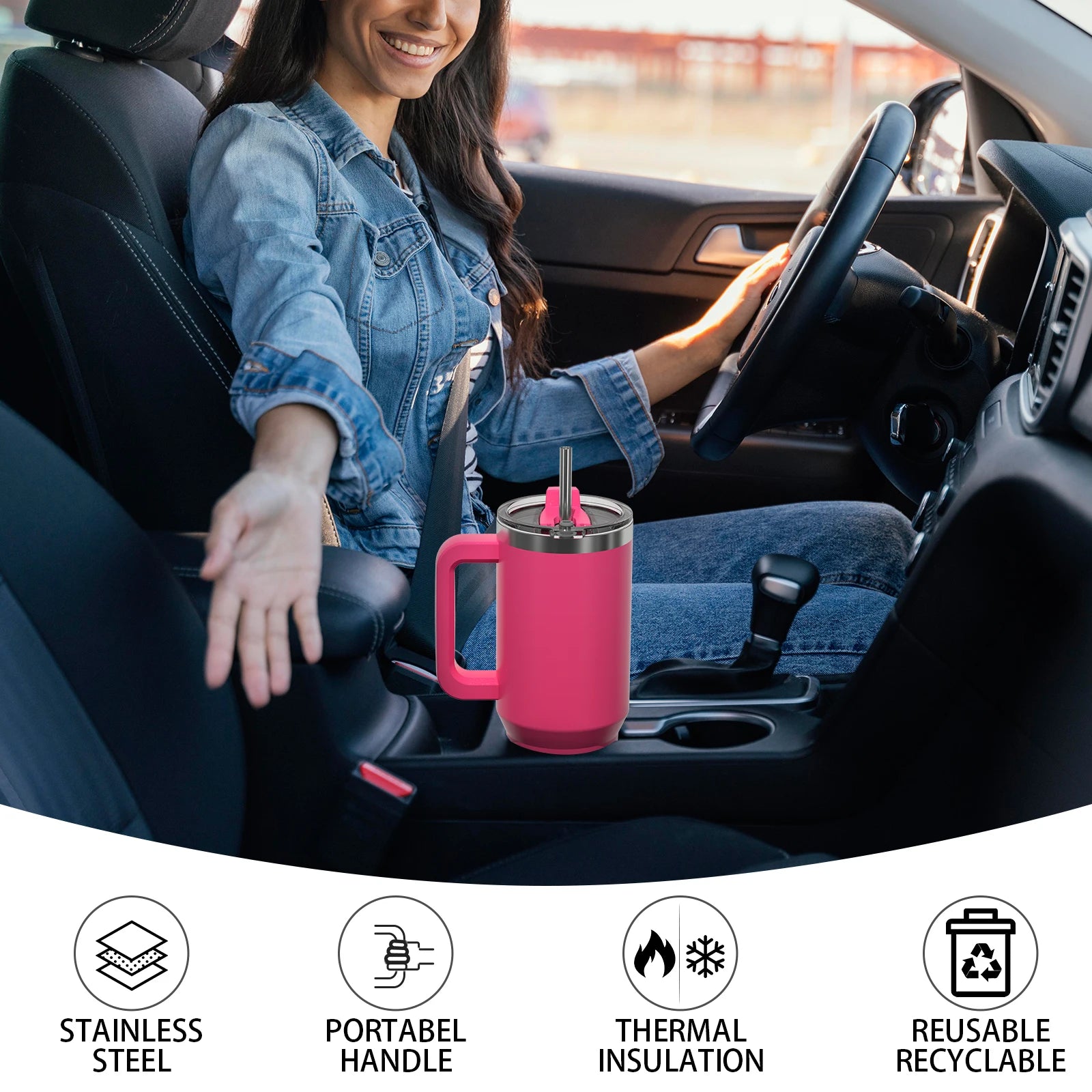 591 ml Edelstahl-Isolierbecher, 20 Unzen, Becher mit Griff und Strohhalm, hält kalt und heiß, Thermobecher, tragbarer Auto-Reisebecher