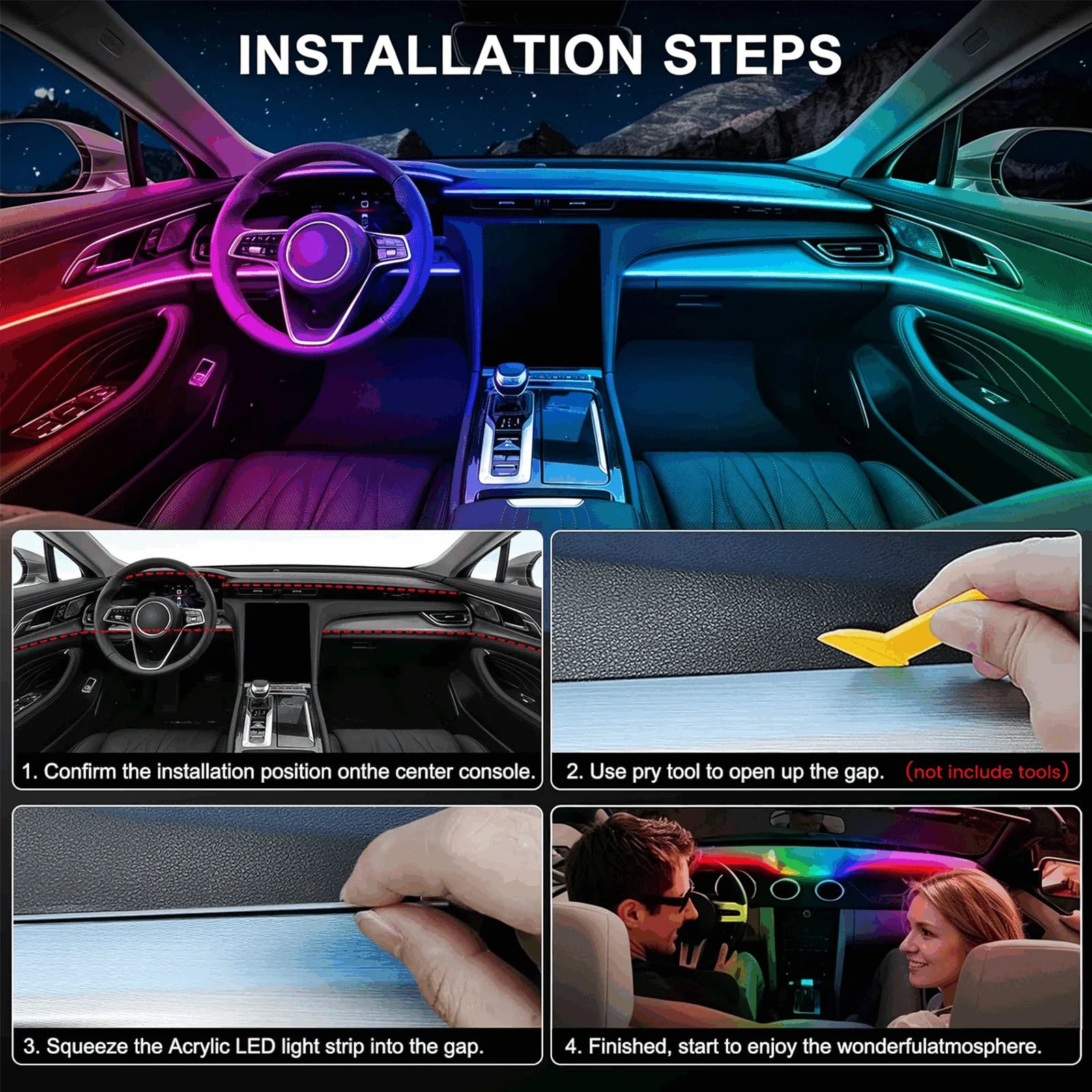 VASTFIRE Starlight Auto-Ambientebeleuchtung – Glasfaser-Fußmatten, RGB-Lichtleiste & Faserlampen | App & Fernbedienung | CE & RoHS