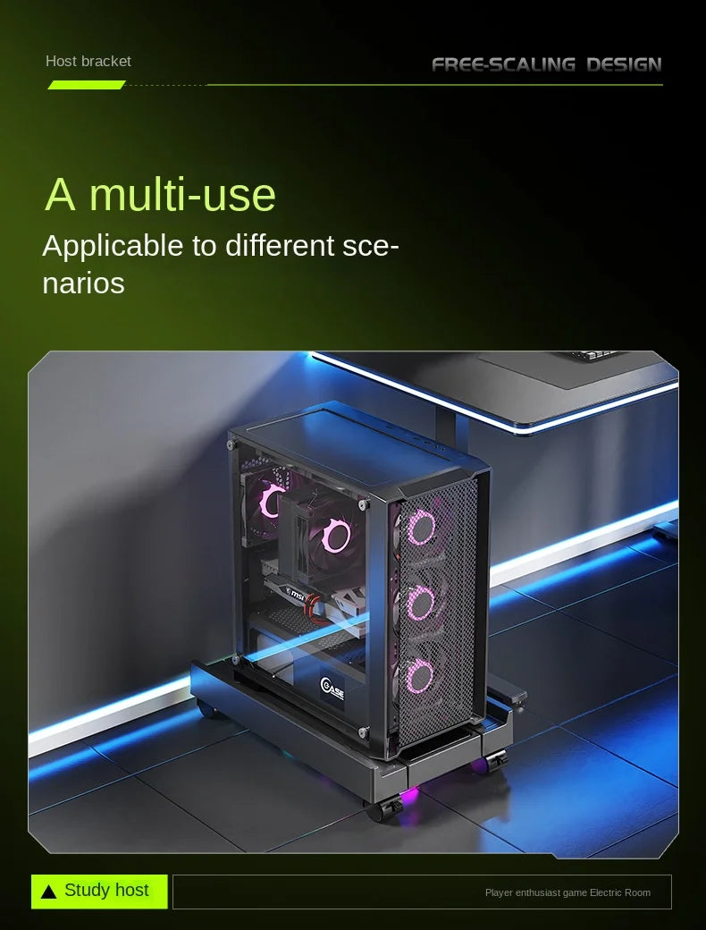 Mobiler PC-Turmständer, verstellbarer Computer-CPU-Halter, Teleskop-Desktop-Ständer, CPU-Wagen mit RGB-Lüfter, Wärmeableitung