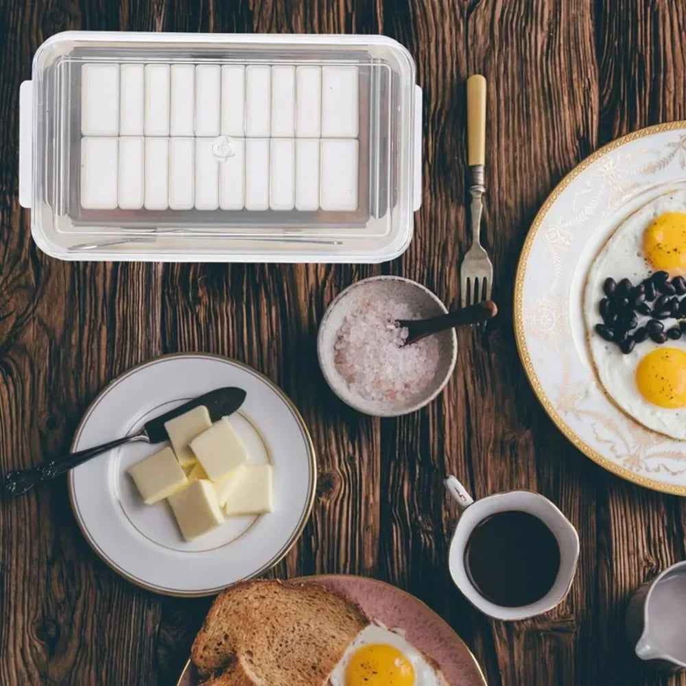 Butter-Aufbewahrungsbox, 2-in-1-Butterschale mit transparentem Deckel und Cutter, Butterschneider, Schneidebox, luftdichte, rechteckige Butteraufbewahrung