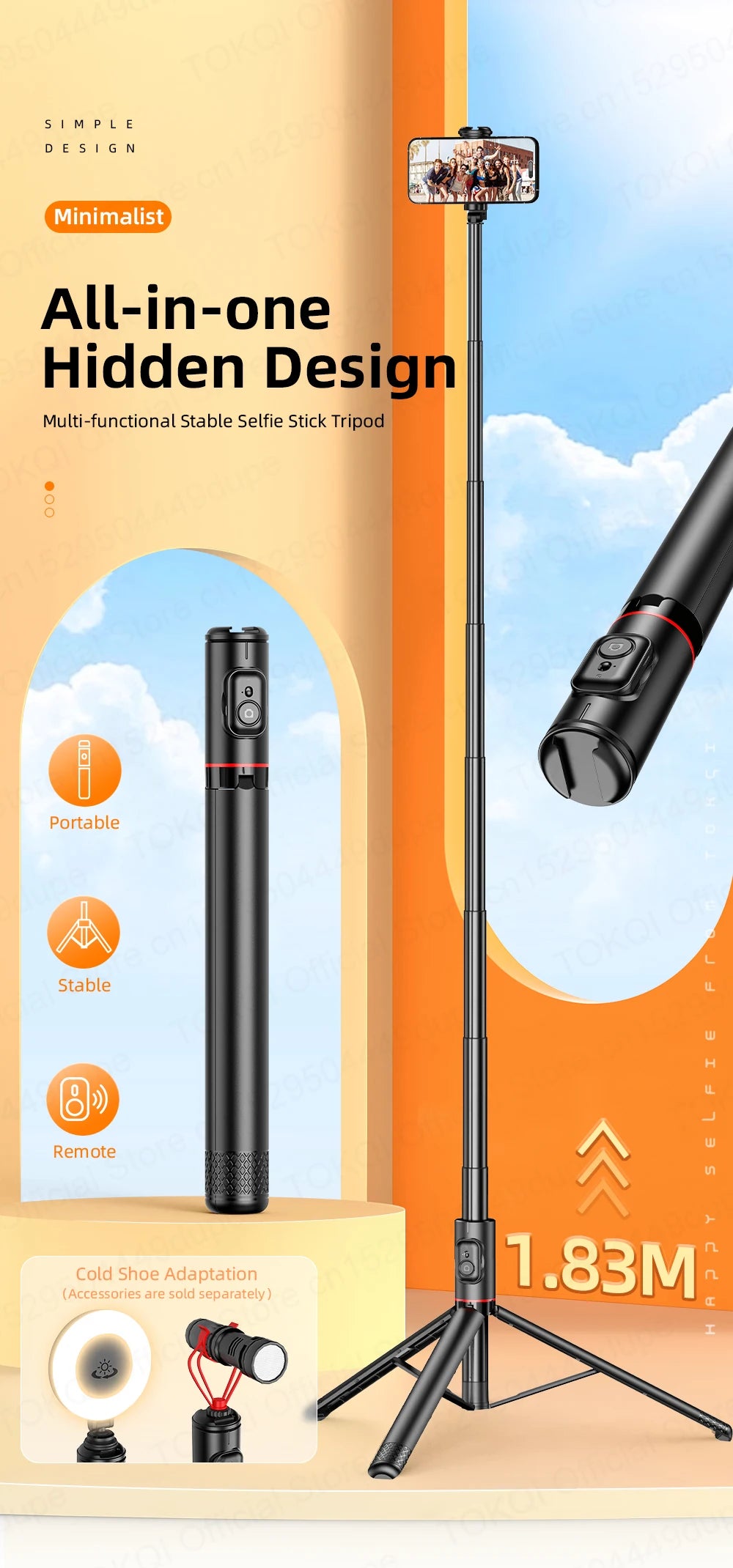 TOKQI C10 Selfie Stick Stativ – 1,83m / 72 Zoll, Bluetooth, Aluminium | iPhone & Android