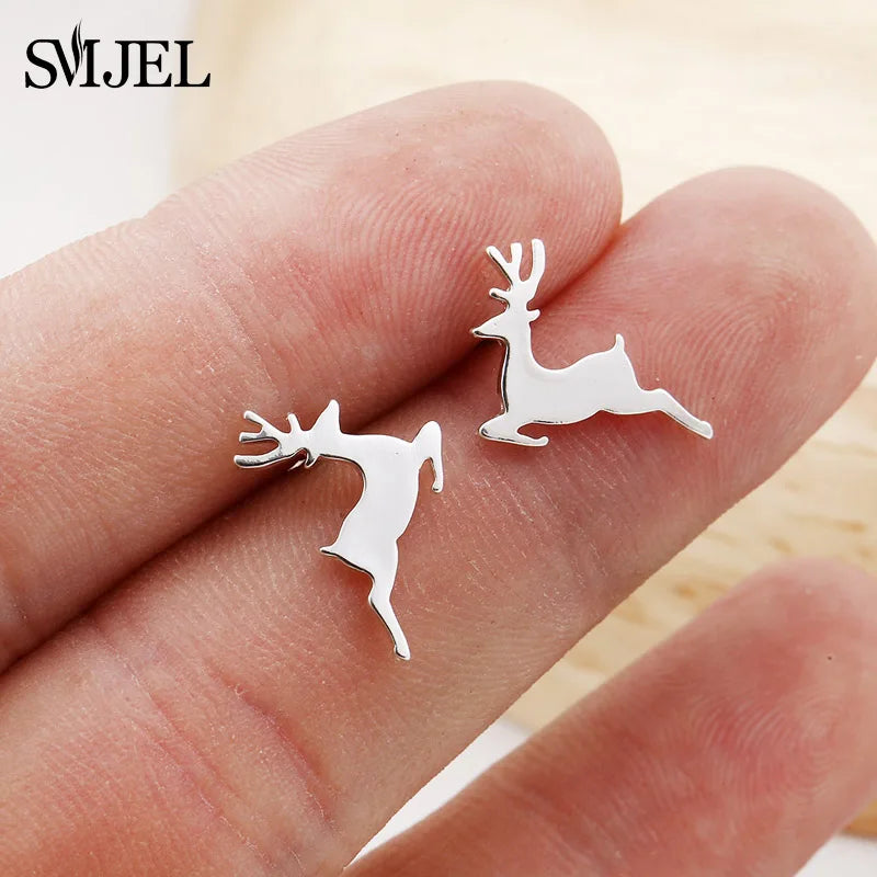 SMJEL Niedliche Tier-Hirsch-Ohrstecker, kleine Lebkuchenmann-Schneeflocken-Ohrringe für Mädchen, Edelstahl, Weihnachtsschmuck, Brincos
