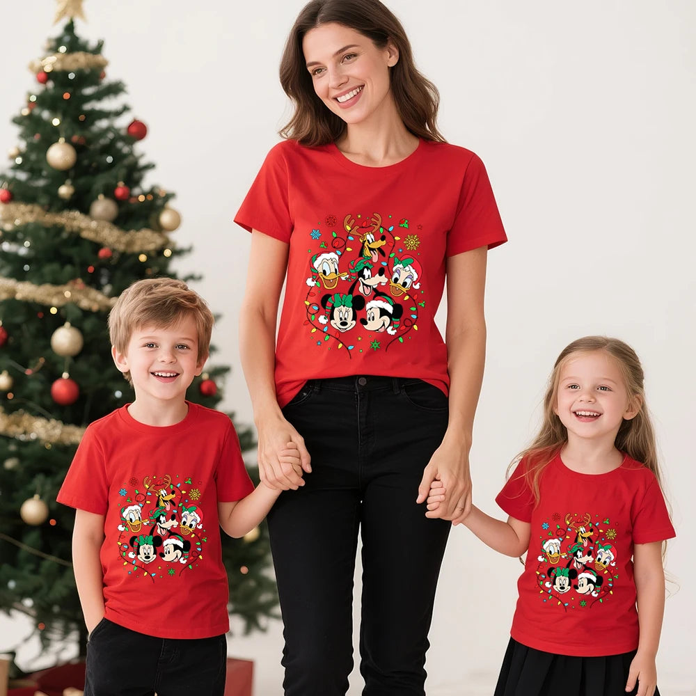 Disney Mickey and Friends Baumwoll-T-Shirts mit Weihnachtsdruck, passende Familien-Outfits für Mama, Papa, Kinder, Urlaubsparty