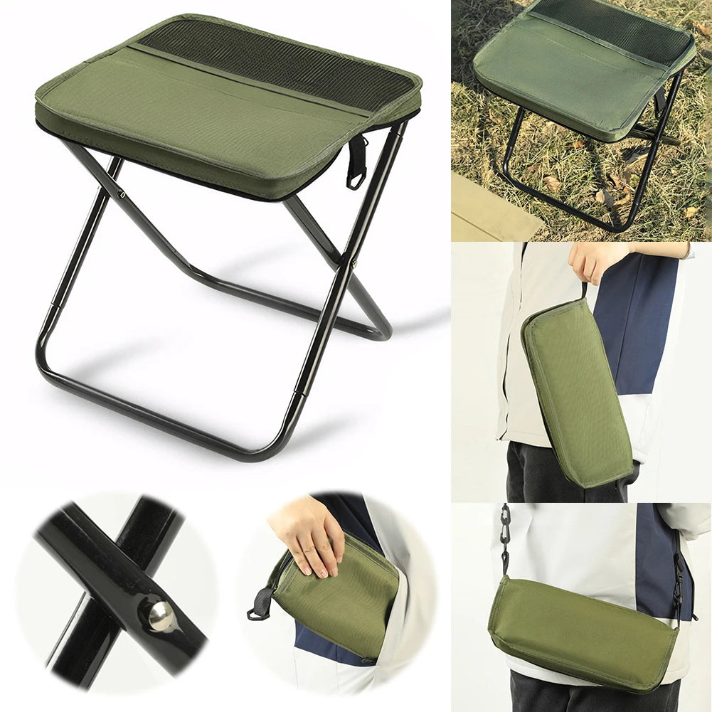 Outdoor-Klappstuhl mit Reißverschlusstasche und Netztasche, integrierter Aufbewahrungsstuhl, verschleißfest, für Picknick, Gartenarbeit, Grillen, Wandern