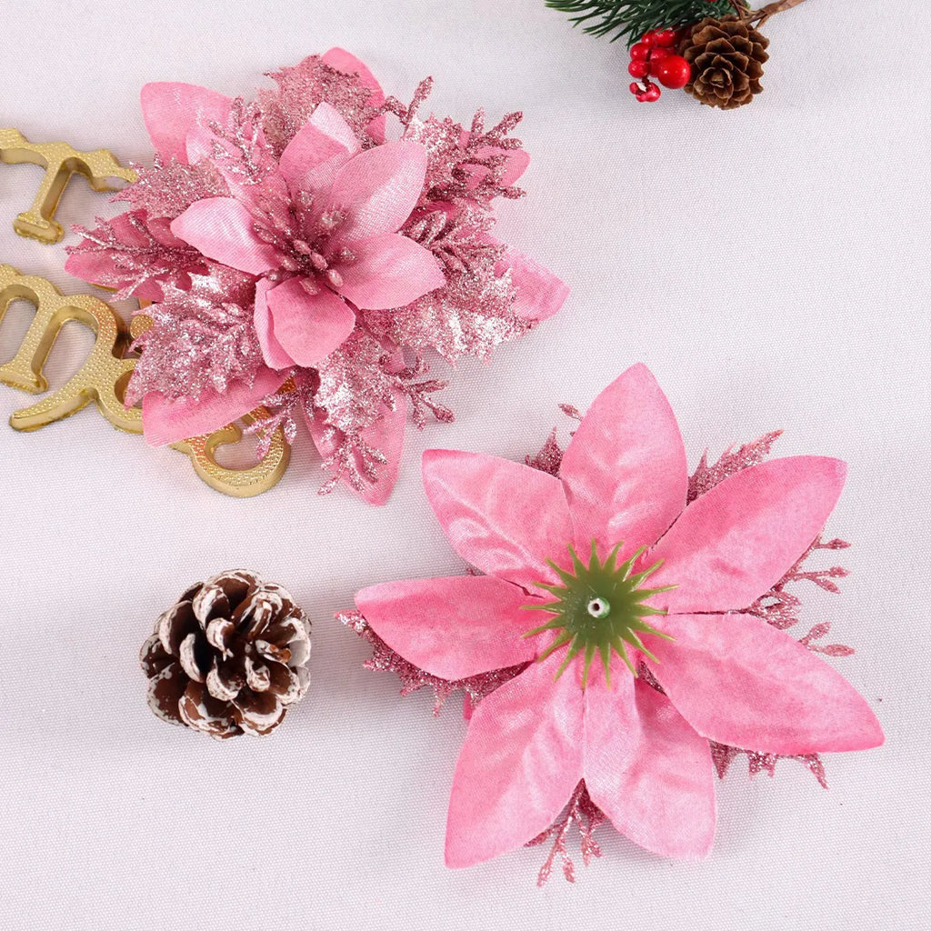 5/10 Stück rosa Weihnachtsglitter künstliche Blumen Weihnachtsbaumschmuck für Zuhause 2025, Weihnachtsschmuck, Neujahrsdekoration, Navidad