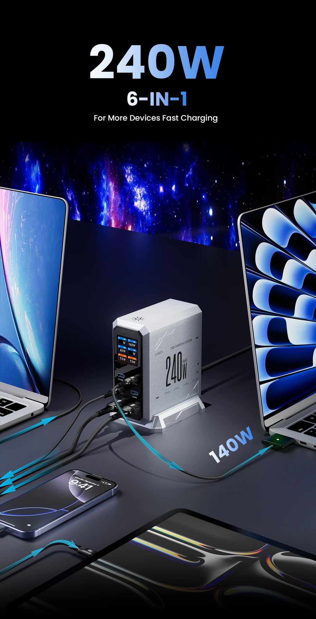 240 W GaN Ladegerät PD3.1 140 W USB Typ C 6 Ports PPS PD Desktop Schnellladestation für MacBook Laptops Tablet iPhone Samsung