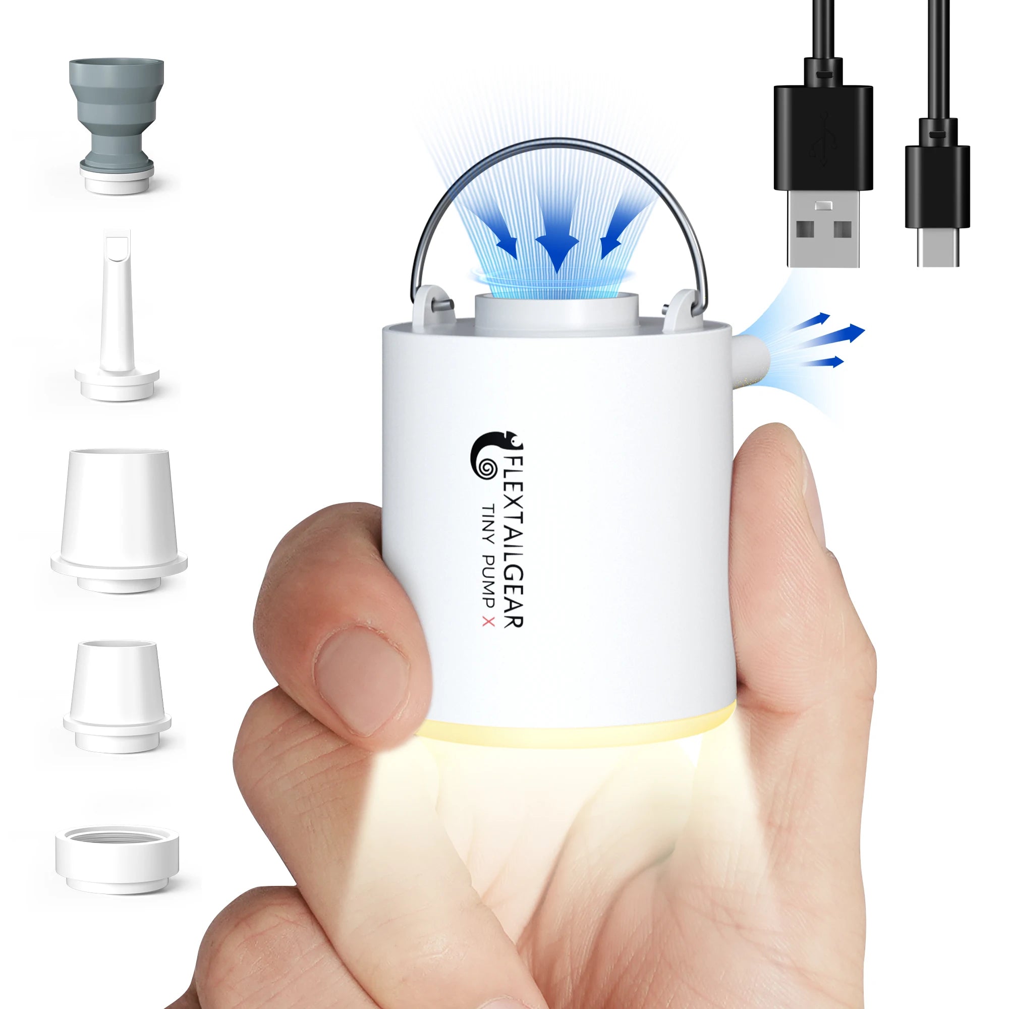 FLEXTAIL Tragbare Luftpumpe, Mini-Campingpumpe mit Licht, USB-C-Aufladung, ideal für Isomatten, Luftmatratzen, Vakuumbeutel