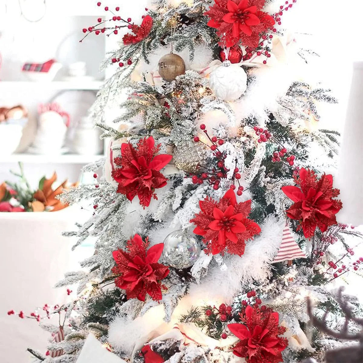 Weihnachts-Glitzerblumen, künstliche Blumen, Weihnachtsbaumschmuck für Zuhause, 2025, Baum-Anhänger, Ornamente, Navidad, Neujahr 2026, Geschenk