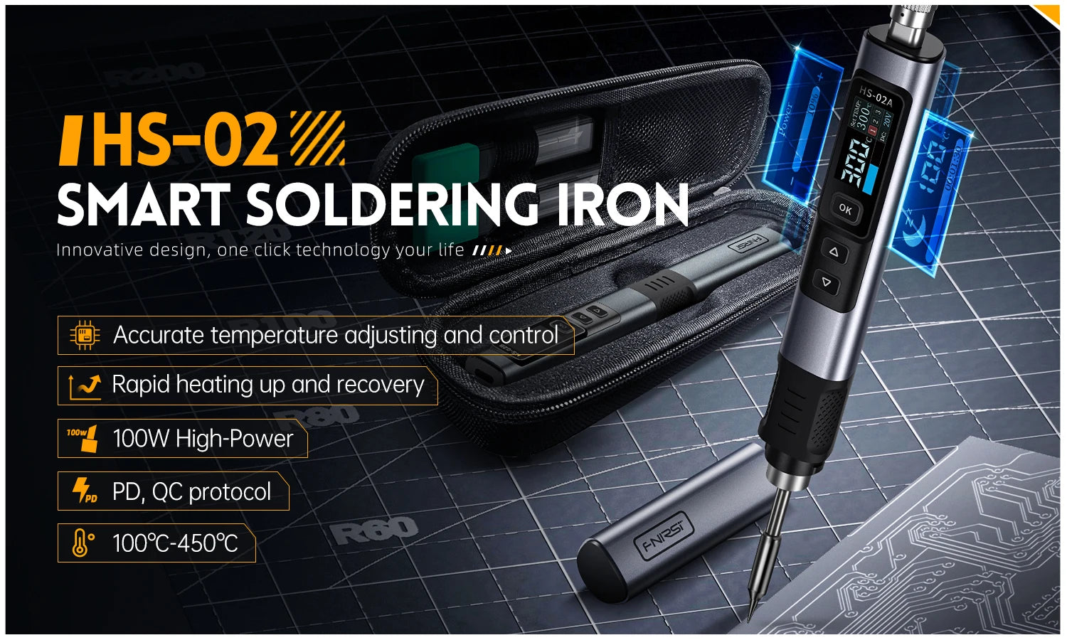 FNIRSI HS-02 Tragbares Wärme-Werkzeugkastenset, 100 W Leistung, einstellbare Temperatur, schnelle Erwärmung, Reparaturausrüstung, 100–450 ℃   für DIY-Reparatur