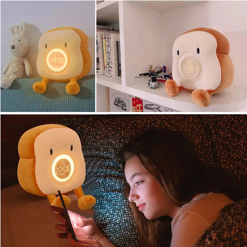 D2 Toast Plüsch Wecker Lampe wiederauf ladbare dimmbare Nachttisch Schlafzimmer Uhr mit Dual Snooze Alarm Kinder niedlichen Dekor Nachtlicht