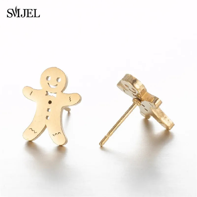 SMJEL Niedliche Tier-Hirsch-Ohrstecker, kleine Lebkuchenmann-Schneeflocken-Ohrringe für Mädchen, Edelstahl, Weihnachtsschmuck, Brincos