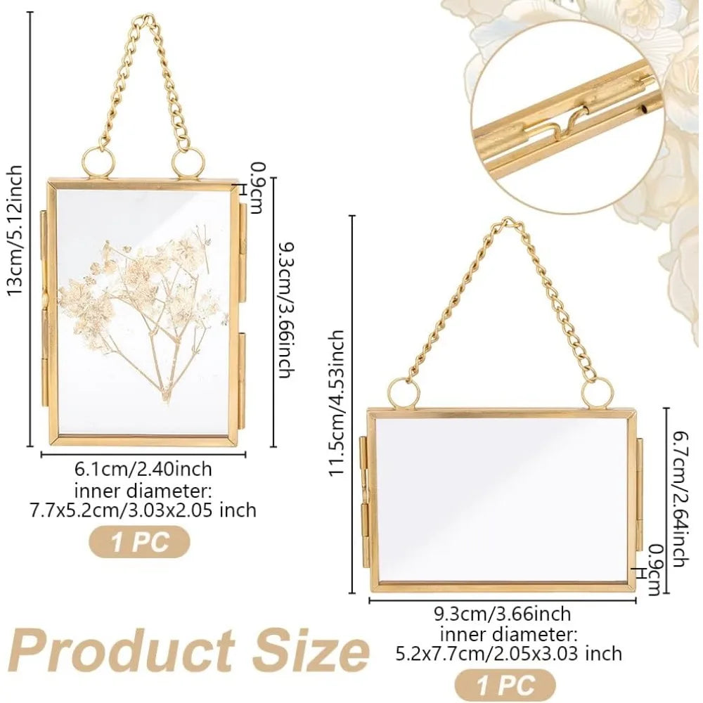 2 Stile Mini-Fotorahmen zum Aufhängen, doppelter Glas-Schwimmrahmen mit Kette, goldfarbener Klapprahmen, Kunstwerk-Ausstellungsrahmen für gepressten